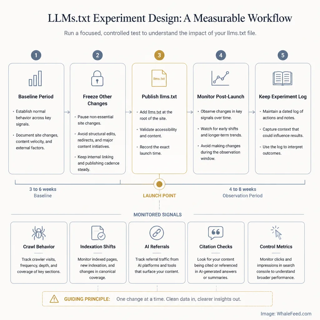Simple experiment workflow for testing llms.txt on a small site, showing baseline period, change freeze, publish date, monitoring window, and experiment log with metrics to watch.