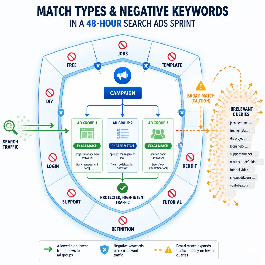 Search campaign architecture diagram showing exact and phrase match groups protected by a surrounding negative keyword shield, with broad match shown as a risky overflow path