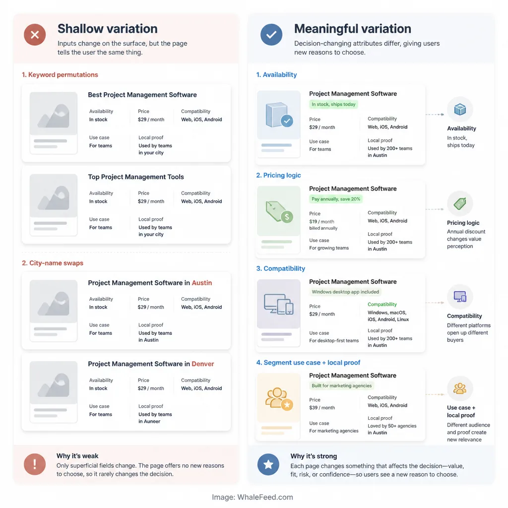 Side-by-side comparison between weak and strong programmatic page inputs, with shallow keyword swaps on one side and decision-changing attributes like pricing, compatibility, availability, and local proof on the other.