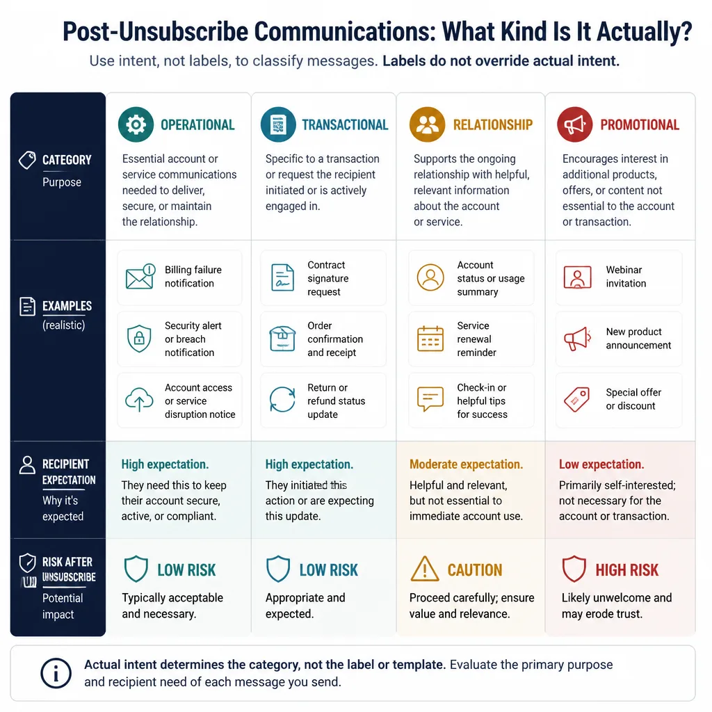 Four-column comparison chart contrasting operational, transactional, relationship, and promotional messages with examples and relative compliance risk after an unsubscribe.