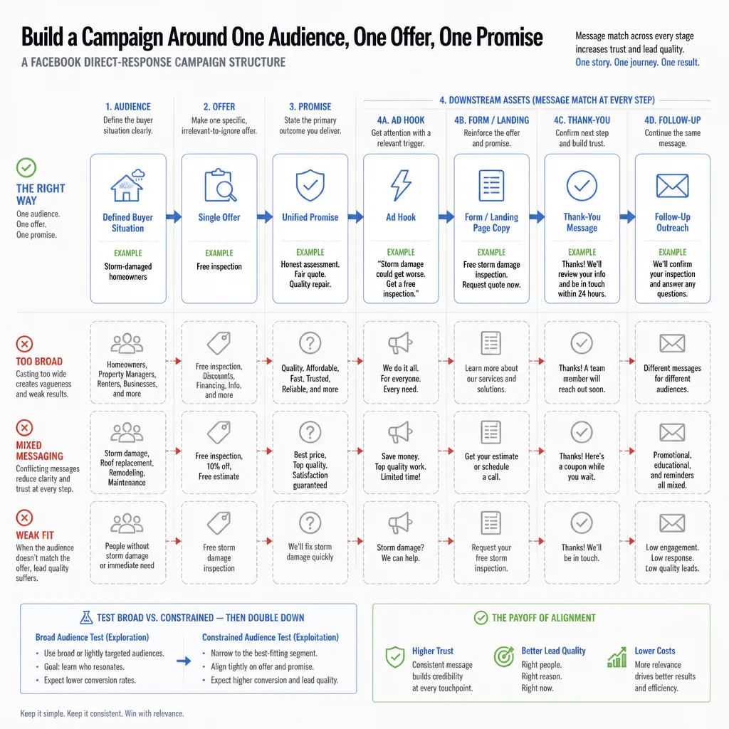 Process diagram showing one audience, one offer, one promise flowing into ad hook, form or page, and follow-up message with message match highlighted