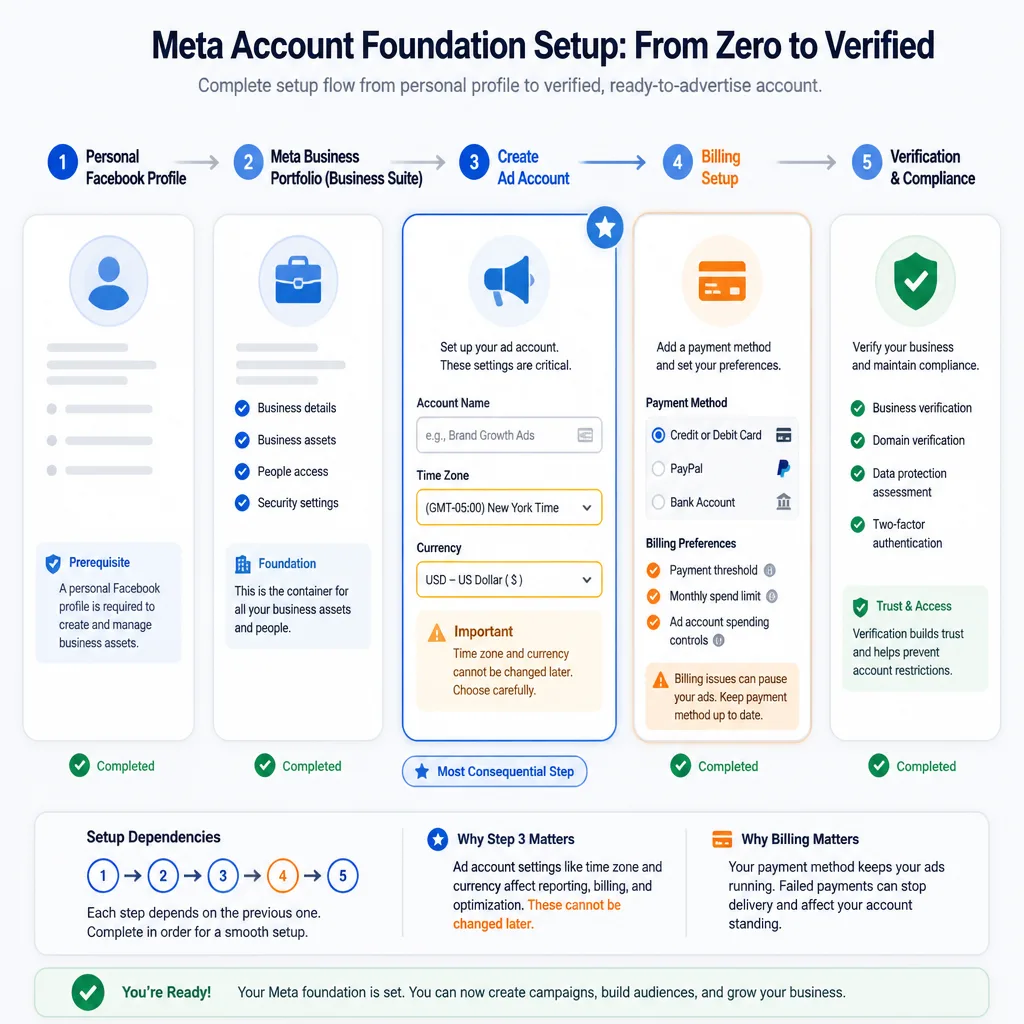 Step-by-step account setup map for Meta Business Suite showing profile, business portfolio, ad account, time zone, currency, and payment method