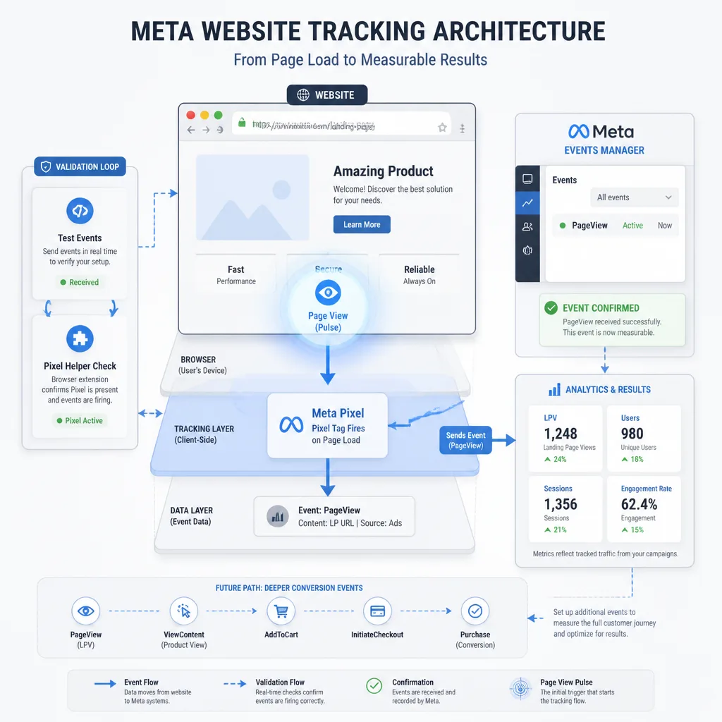 Tracking architecture diagram showing website, Meta Pixel, Events Manager test flow, and landing page view confirmation