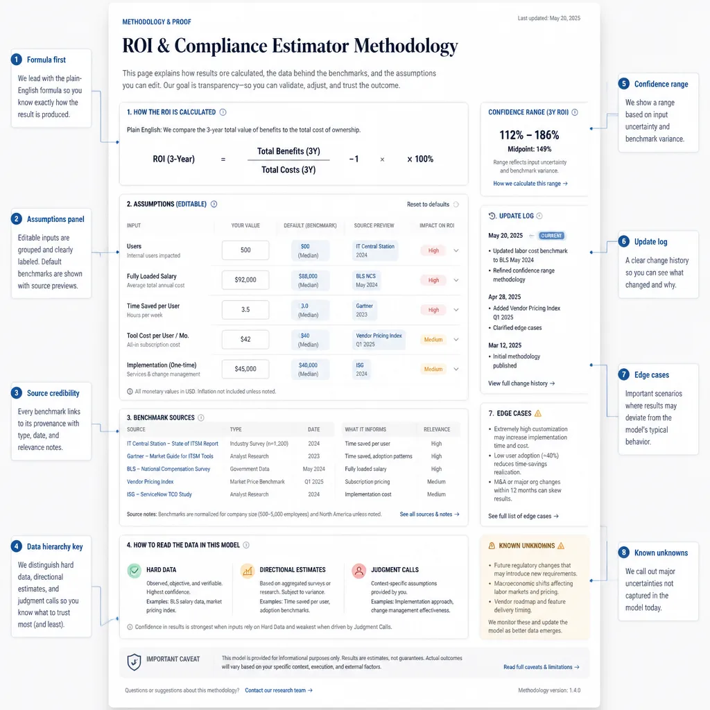 Annotated methodology page mockup showing formulas in plain English, source notes, editable assumptions, confidence ranges, update history, and known unknowns.