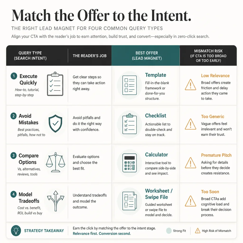Comparison matrix showing four query types matched to four lead magnet types: template, checklist, calculator, and evaluation worksheet or swipe file.