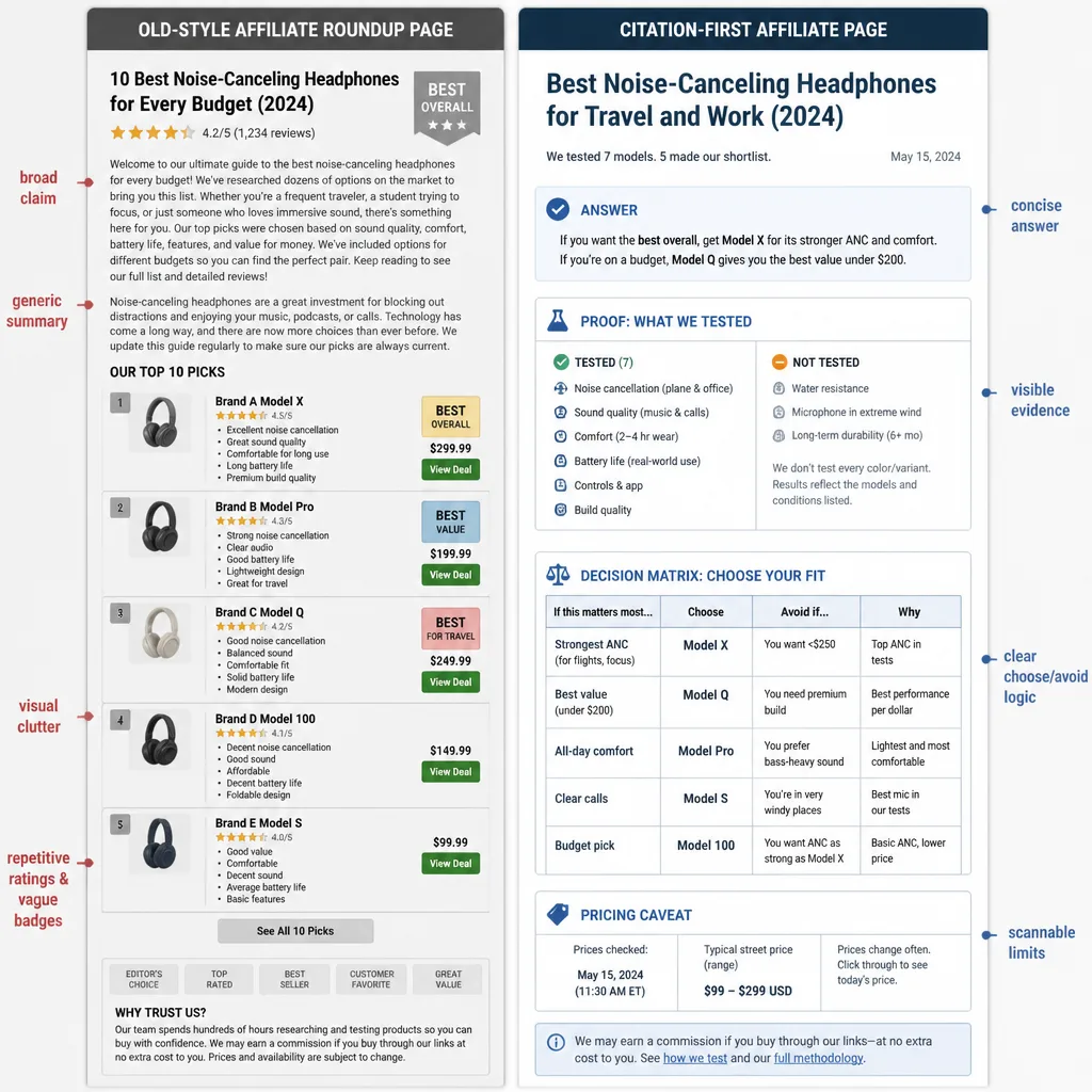 Side-by-side comparison showing an old-style affiliate roundup page next to a citation-first page, with the newer version featuring concise answer, evidence notes, best-fit matrix, and pricing caveats.