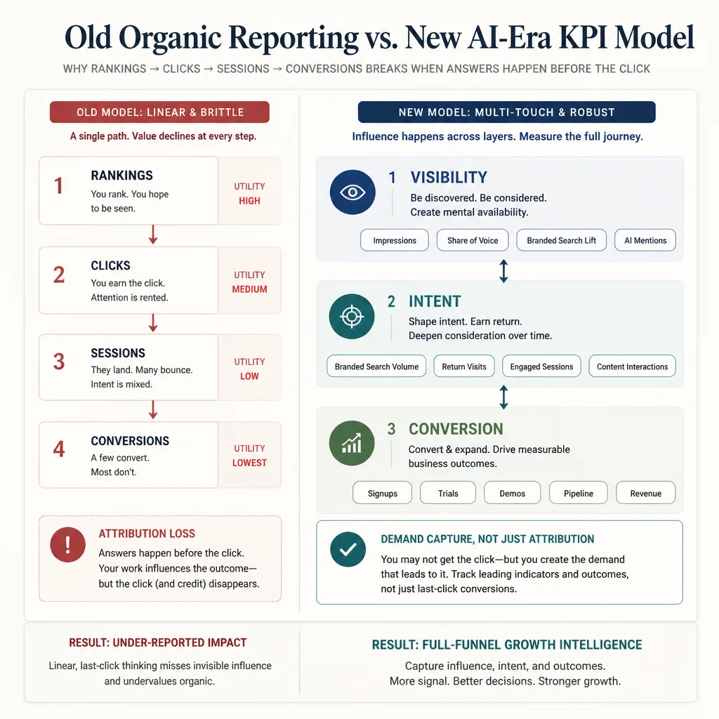 A comparison graphic showing the old SEO measurement chain next to a new influence-based model with visibility, intent, and conversion layers.