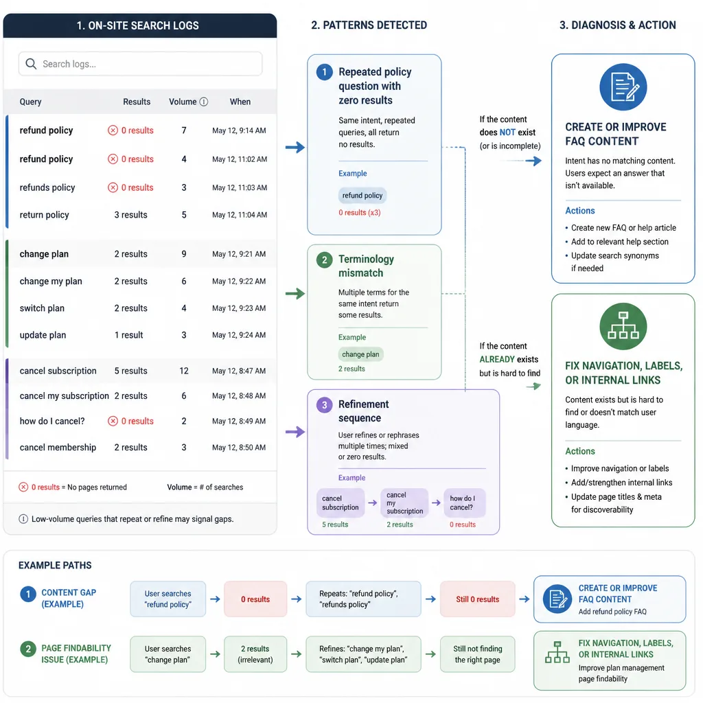 On-site search analysis panel showing repeated searches, refinements, zero-result queries, and a branch separating content gaps from navigation problems