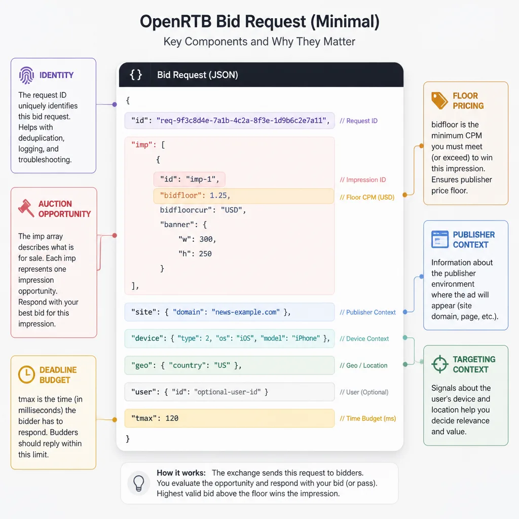 Structured OpenRTB request breakdown highlighting request id, impression object, bid floor, site domain, device geo, and tmax fields within a JSON-style panel.