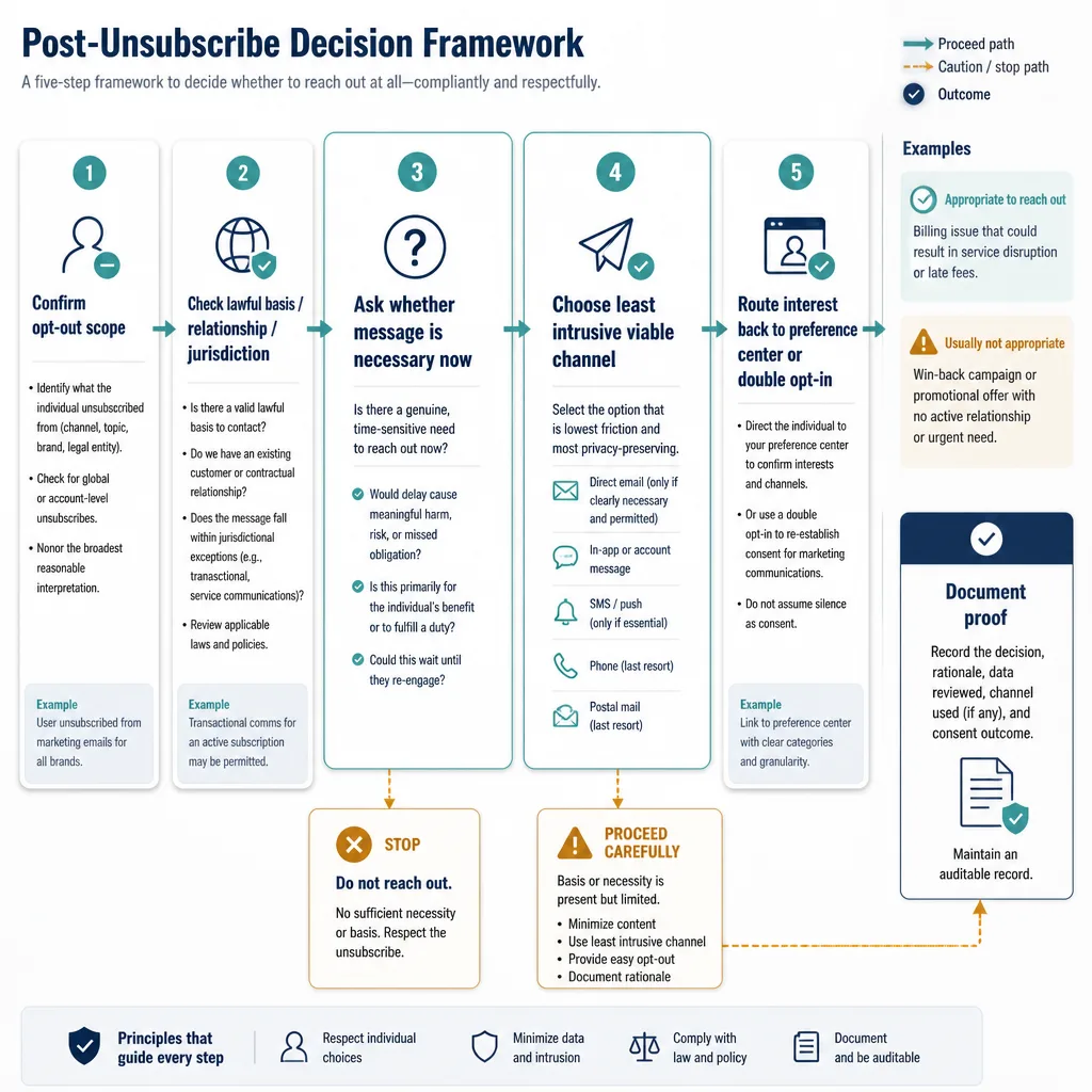 Decision flow diagram showing five post-unsubscribe steps: confirm opt-out scope, check lawful basis and jurisdiction, assess necessity, choose least intrusive channel, and route to preferences or double opt-in.