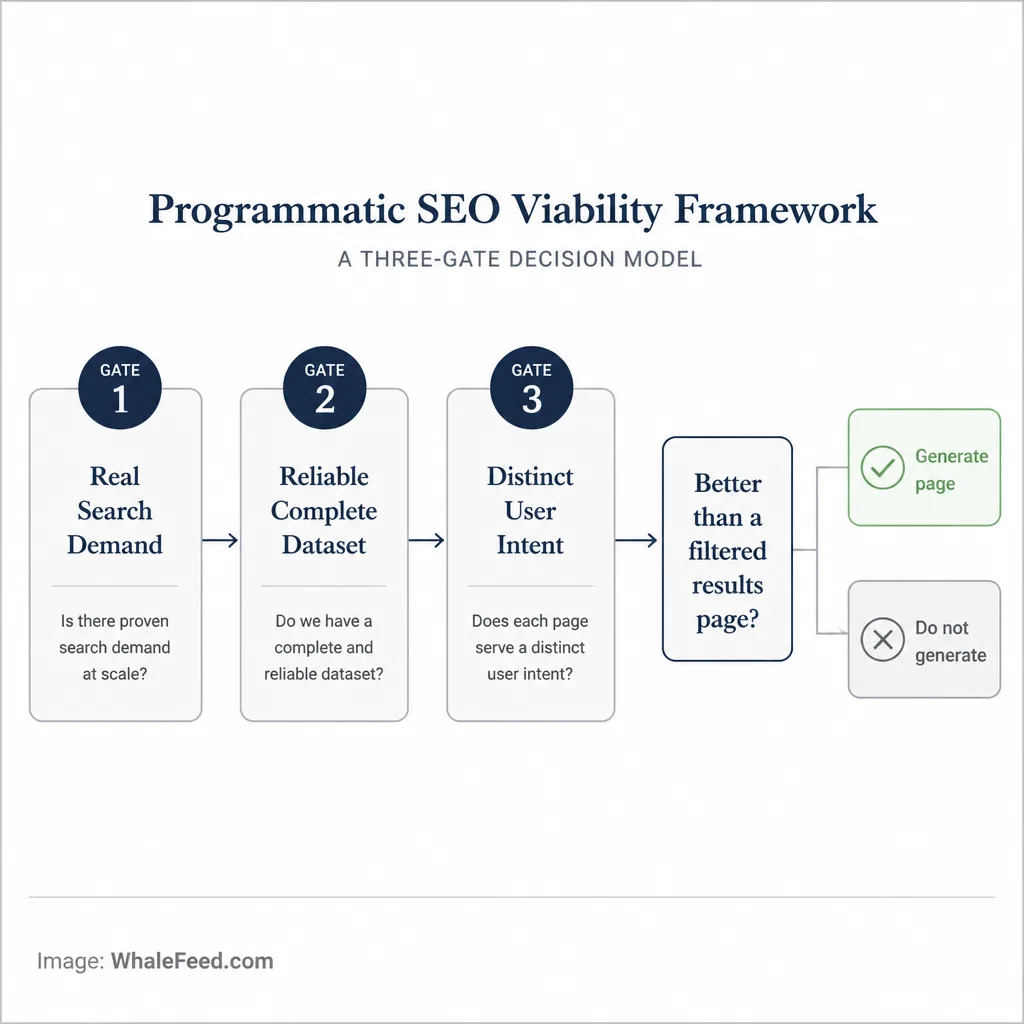 Decision framework showing three gates for programmatic SEO viability: search demand, reliable dataset, and distinct user intent, ending with a yes-or-no test asking whether the page is better than a filtered results page.