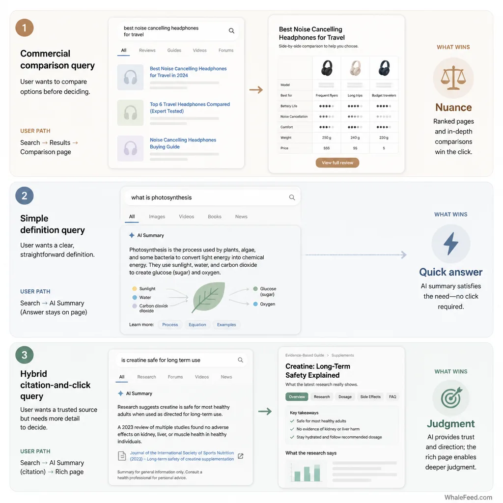 Decision-style visual comparing three search query types: a commercial comparison query that favors clicks, a definition query often absorbed by AI summaries, and a citation-worthy comparison query that still earns visits.