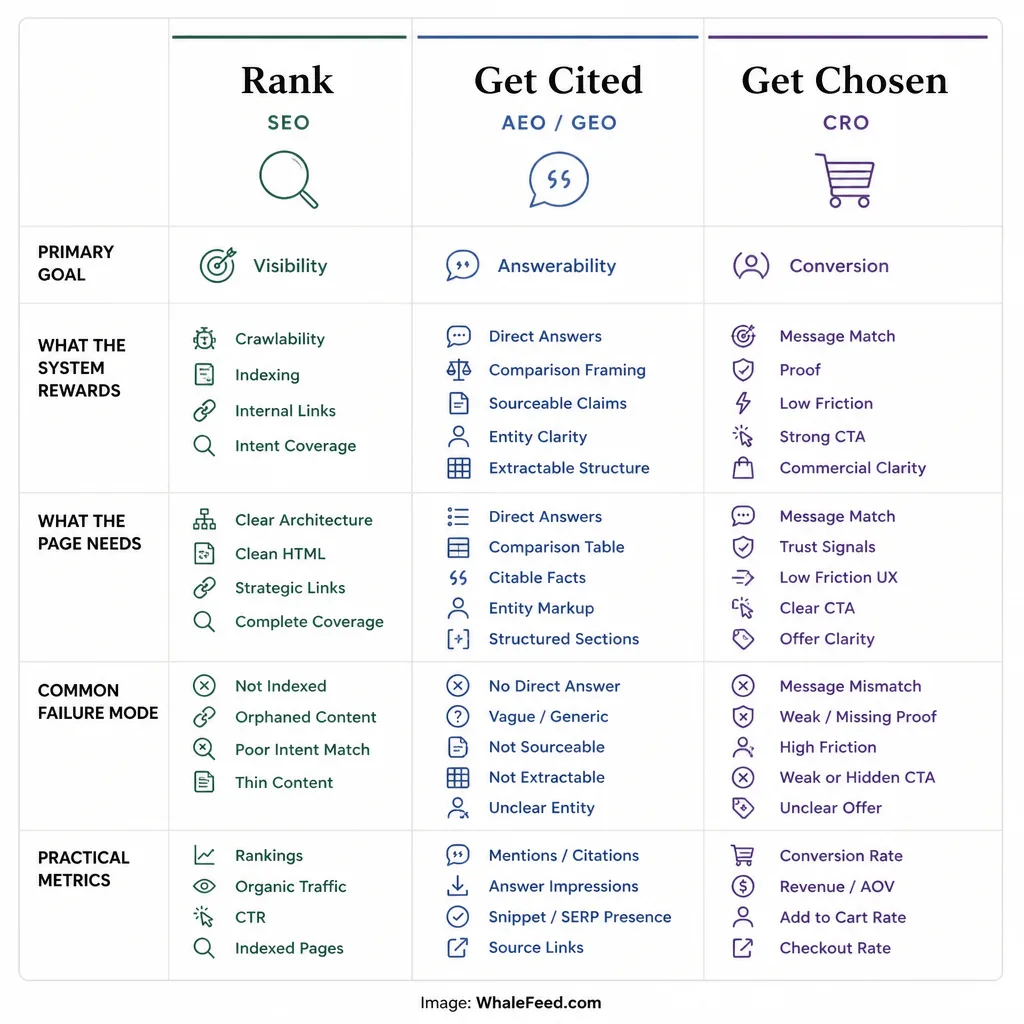 Three-column comparison framework labeled rank, get cited, and get chosen, showing how SEO, AEO/GEO, and CRO differ by goal, signals, page features, and success metrics.