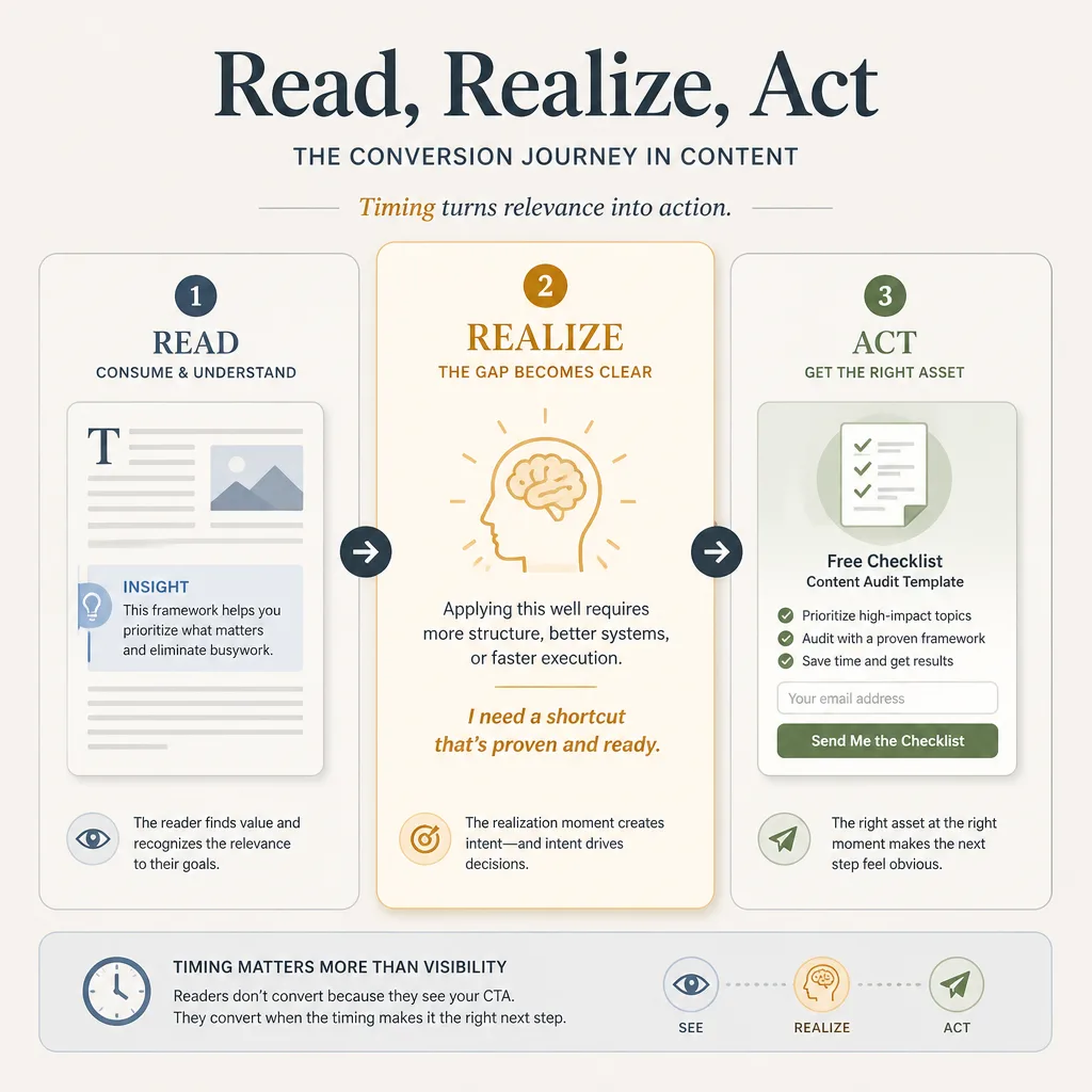 Three-stage funnel labeled read, realize, act, showing a reader moving from article consumption to recognizing effort and then choosing a relevant lead magnet.