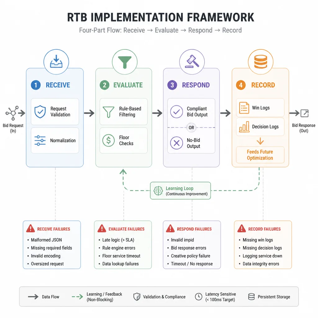 Receive, Evaluate, Respond, Record framework shown as four connected modules with inputs, decision rules, response output, and logging trail.