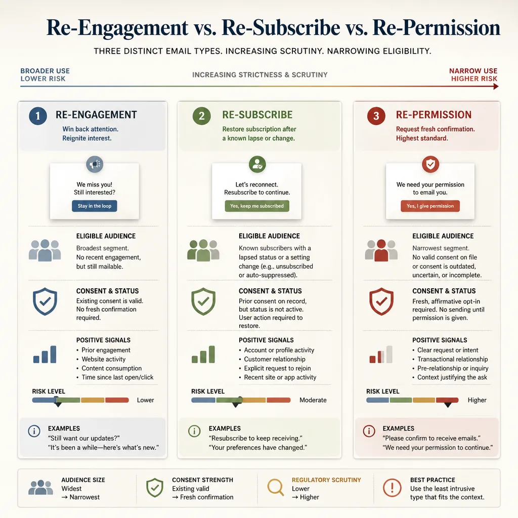 Comparison graphic showing three email approaches side by side: re-engagement, re-subscribe, and re-permission, with increasing strictness and narrower audience qualification.