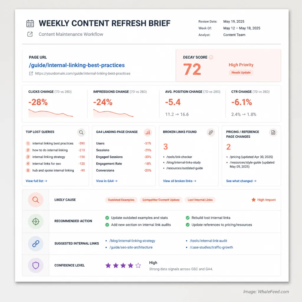 Structured refresh brief mockup showing page URL, decay score, click changes, lost queries, broken links, changed pricing notes, recommended action, and suggested internal links awaiting human review.