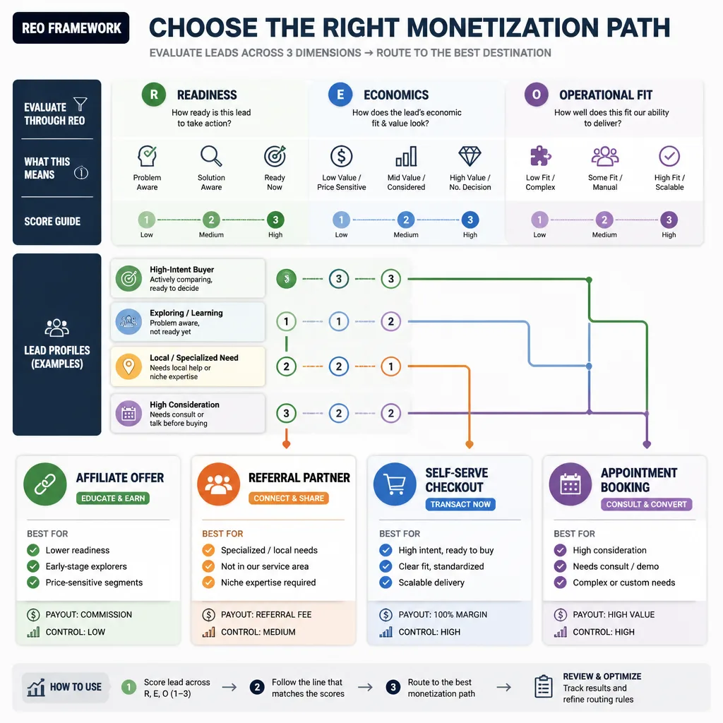 Decision matrix mapping lead segments to four monetization paths based on readiness, economics, and operational fit.