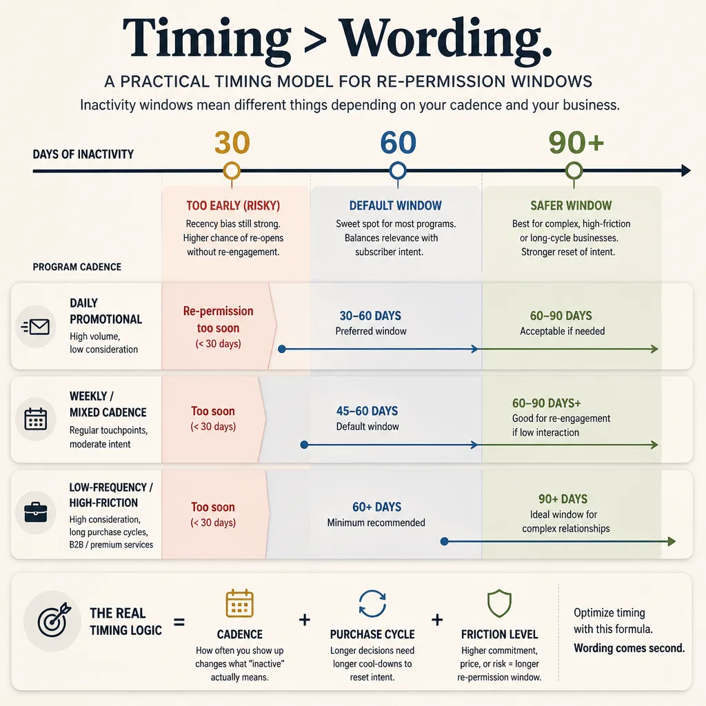 Timeline showing 30, 60, and 90-plus day cool-down windows aligned against different send cadences, with earlier windows reserved for high-frequency programs and later windows for lower-frequency or higher-friction businesses.