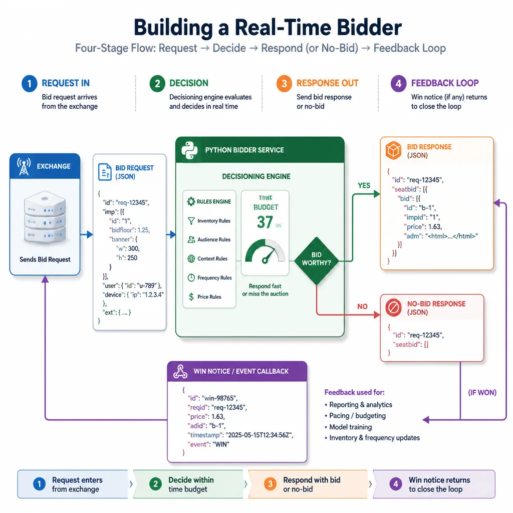 Four-stage RTB flowchart with bid request, decisioning engine, bid response or no-bid branch, and win notice feedback path.