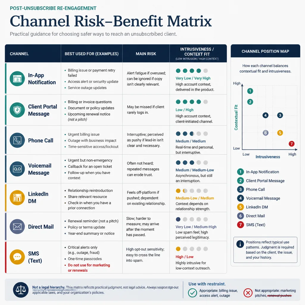 Comparison table of seven re-engagement channels showing when each channel is relatively safer, main risks, and appropriate use cases, with in-app and portal highlighted as contextual options and SMS marked narrow use only.