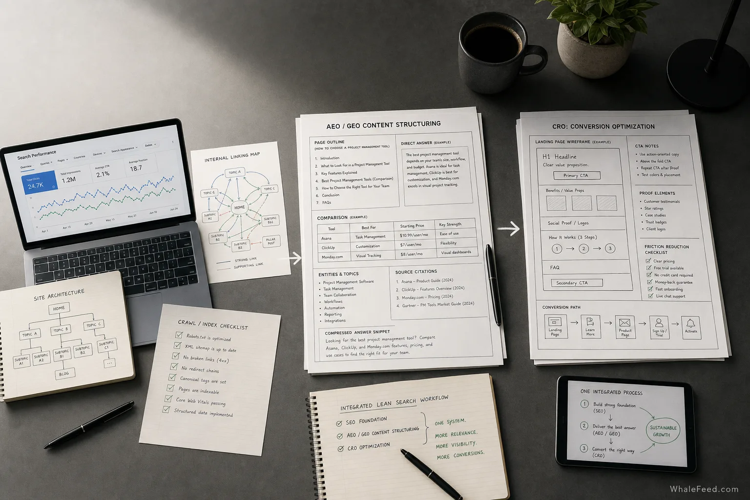Editorial desk scene with three coordinated layers of search growth work: technical search foundation, AI citation-ready content structure, and conversion-focused landing page refinement, arranged as one connected workflow.