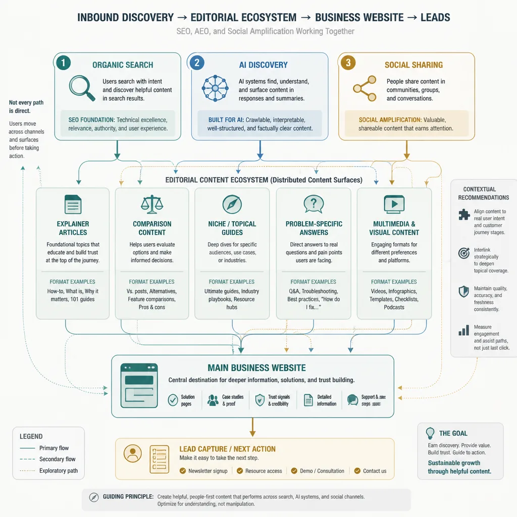 Flow diagram showing how search, AI discovery, and social sharing feed into multiple editorial sites that generate contextual referrals to the main business website