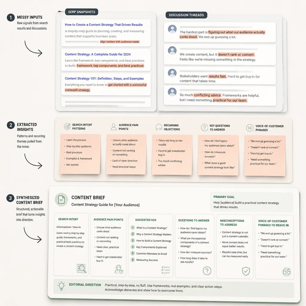 Structured content brief assembled from search results and Reddit insights, showing recurring questions, pain points, wording patterns, and suggested article sections.