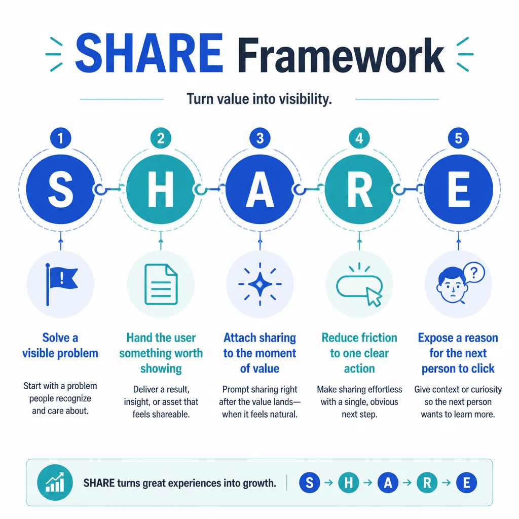 SHARE framework visual with five steps: Solve, Hand, Attach, Reduce, Expose, connected in a practical sequence
