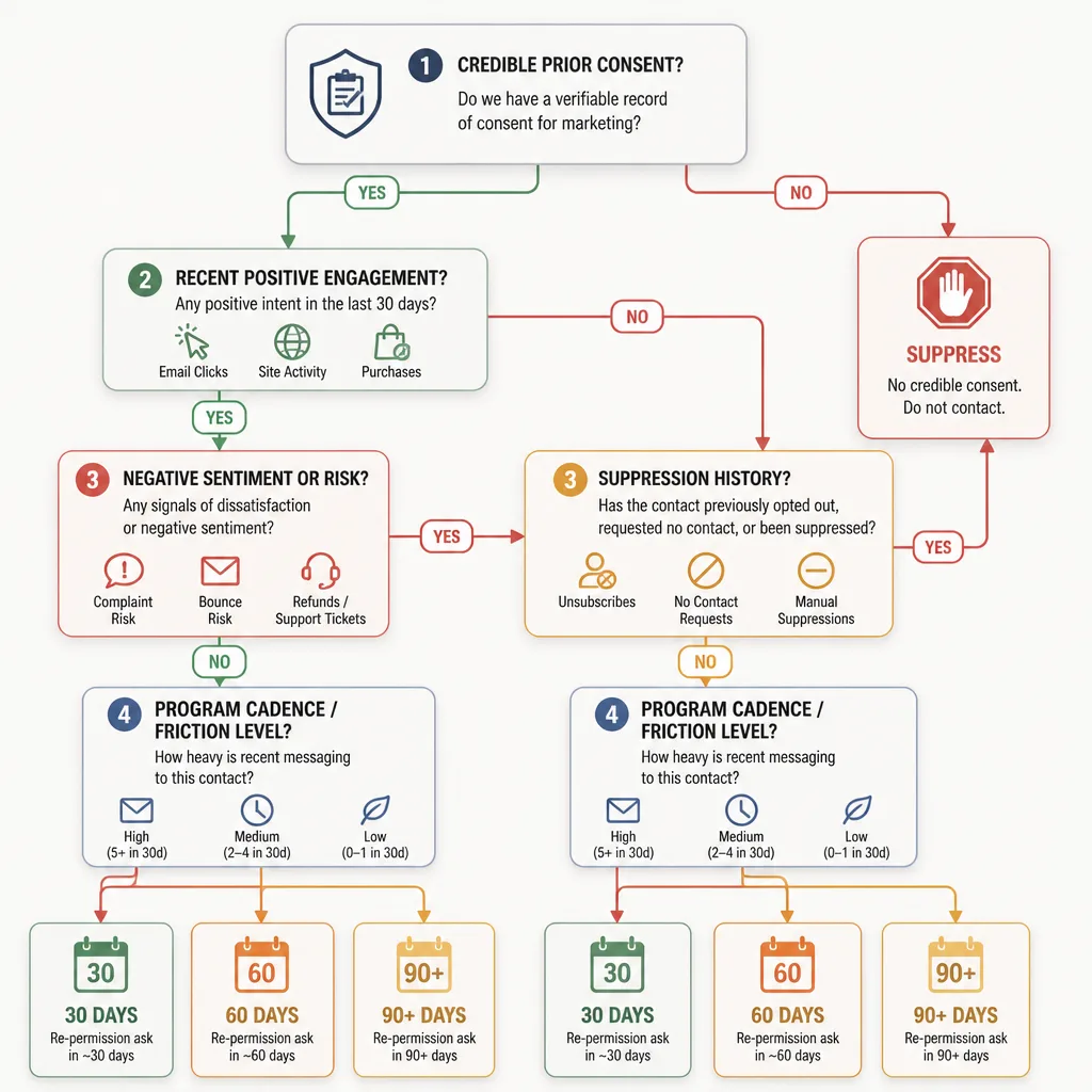 Decision tree showing how engagement, risk, sentiment, and consent signals route a contact toward 30 days, 60 days, 90-plus days, or suppression.