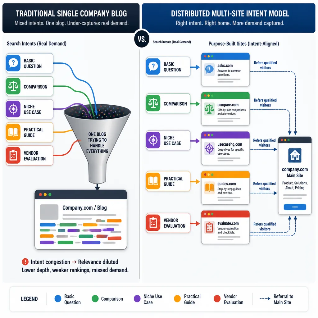 Side-by-side comparison of a single company blog funnel versus a distributed network of specialized content sites covering different user intents