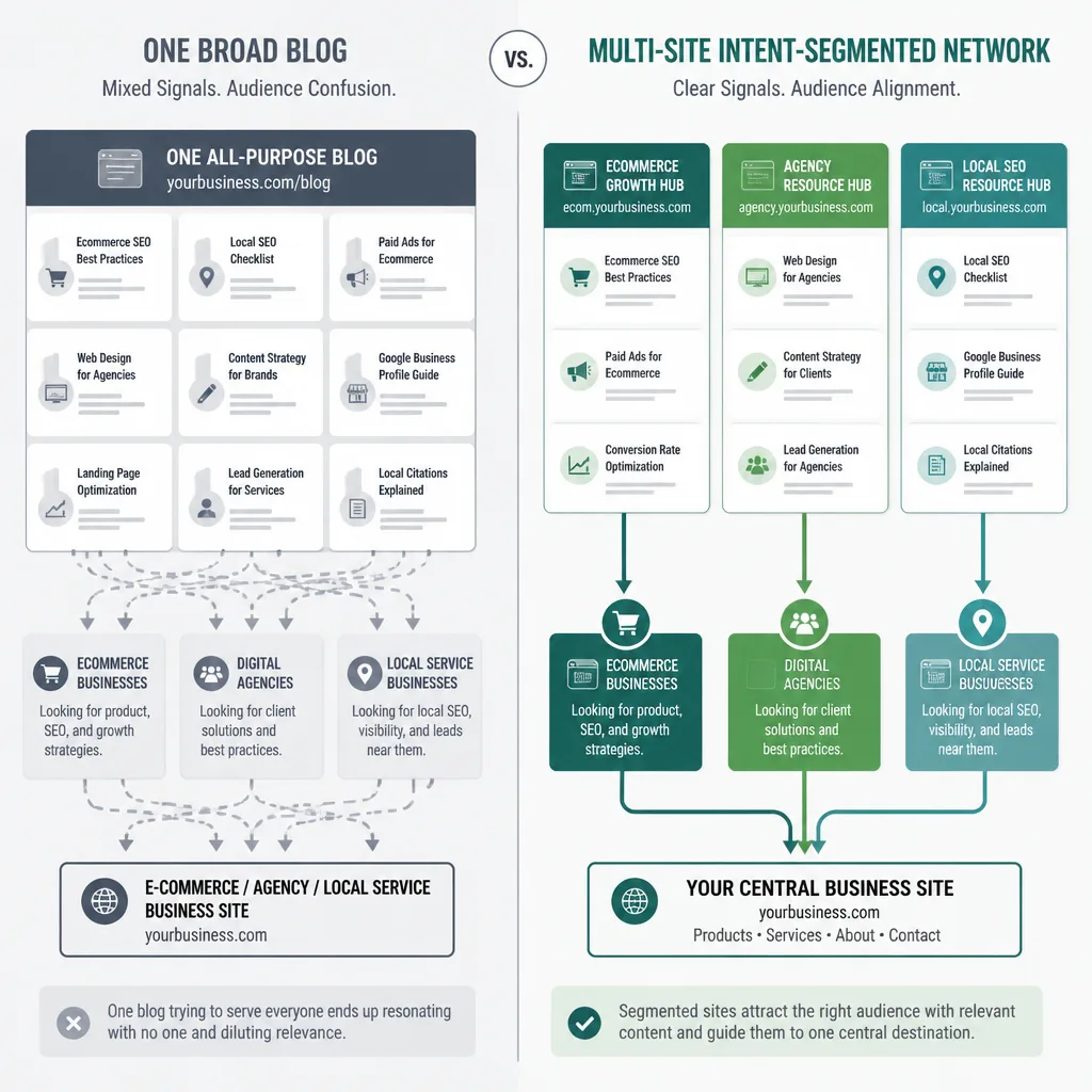 Side-by-side comparison of one broad company blog versus a segmented multi-site content network with clearer audience pathways