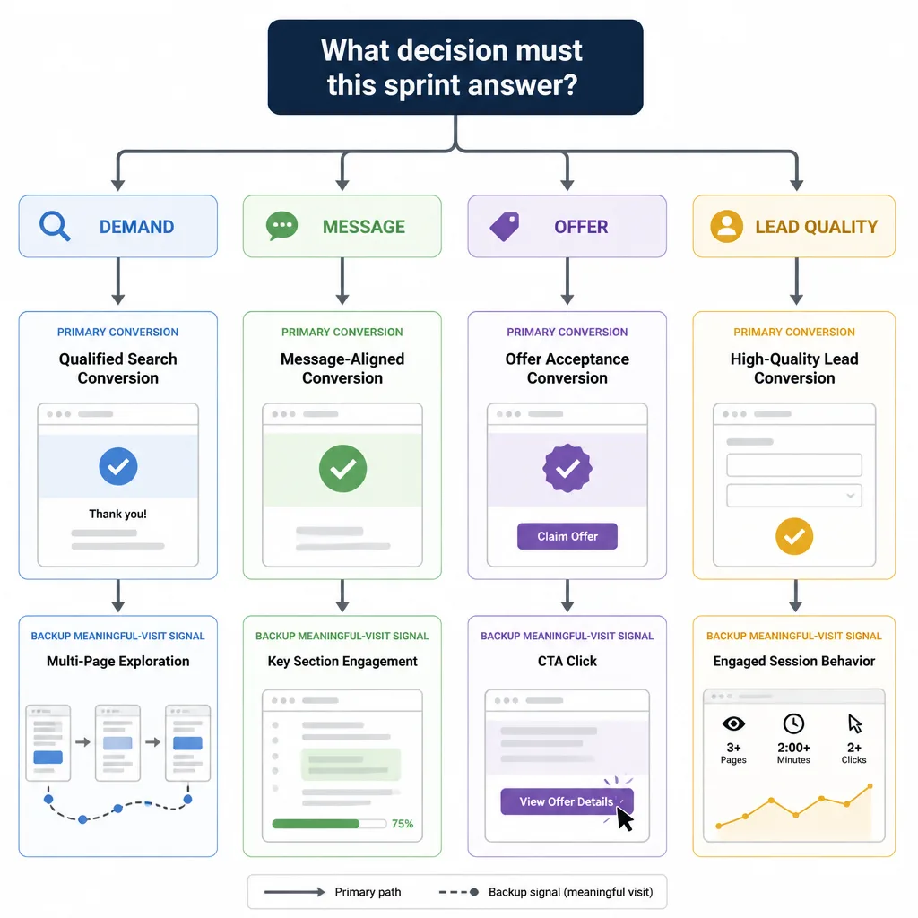Decision tree mapping four sprint goals&mdash;demand, message, offer, and lead quality&mdash;to one primary conversion and one backup meaningful-visit signal
