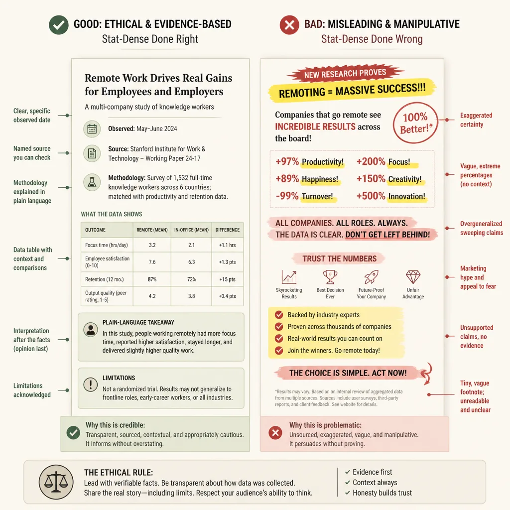 Annotated editorial graphic contrasting a credible stat-dense section with a spammy misleading one, highlighting source dates, methodology notes, and clear separation of fact and interpretation.