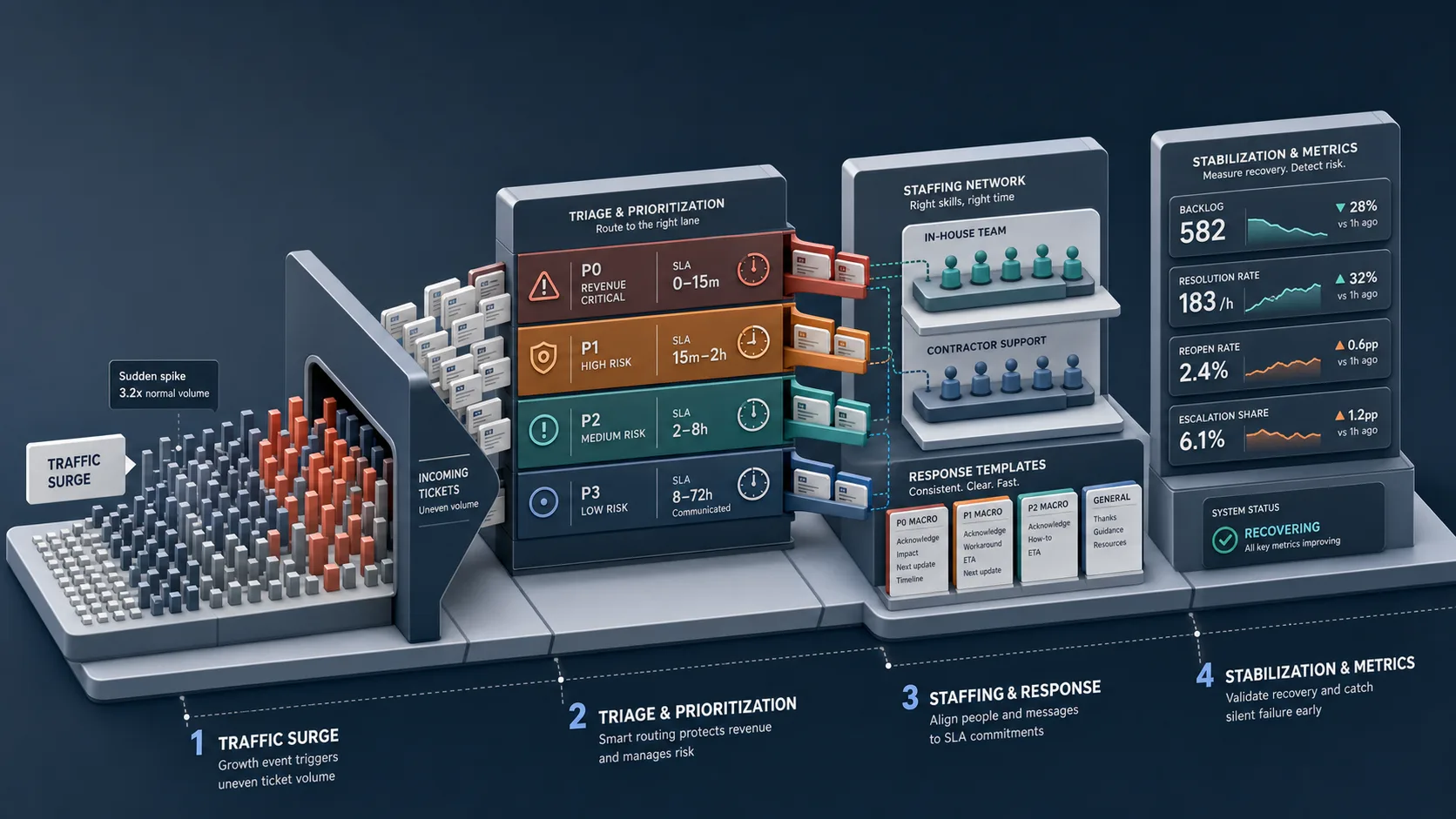 Sudden Traffic Spike Support Playbook: 72-Hour Triage, SLAs & Staffing