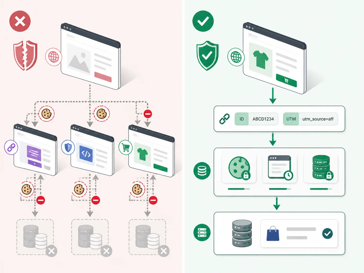 A comparison diagram contrasting third-party cookie tracking across external domains with first-party tracking stored on the advertiser’s own site and systems.