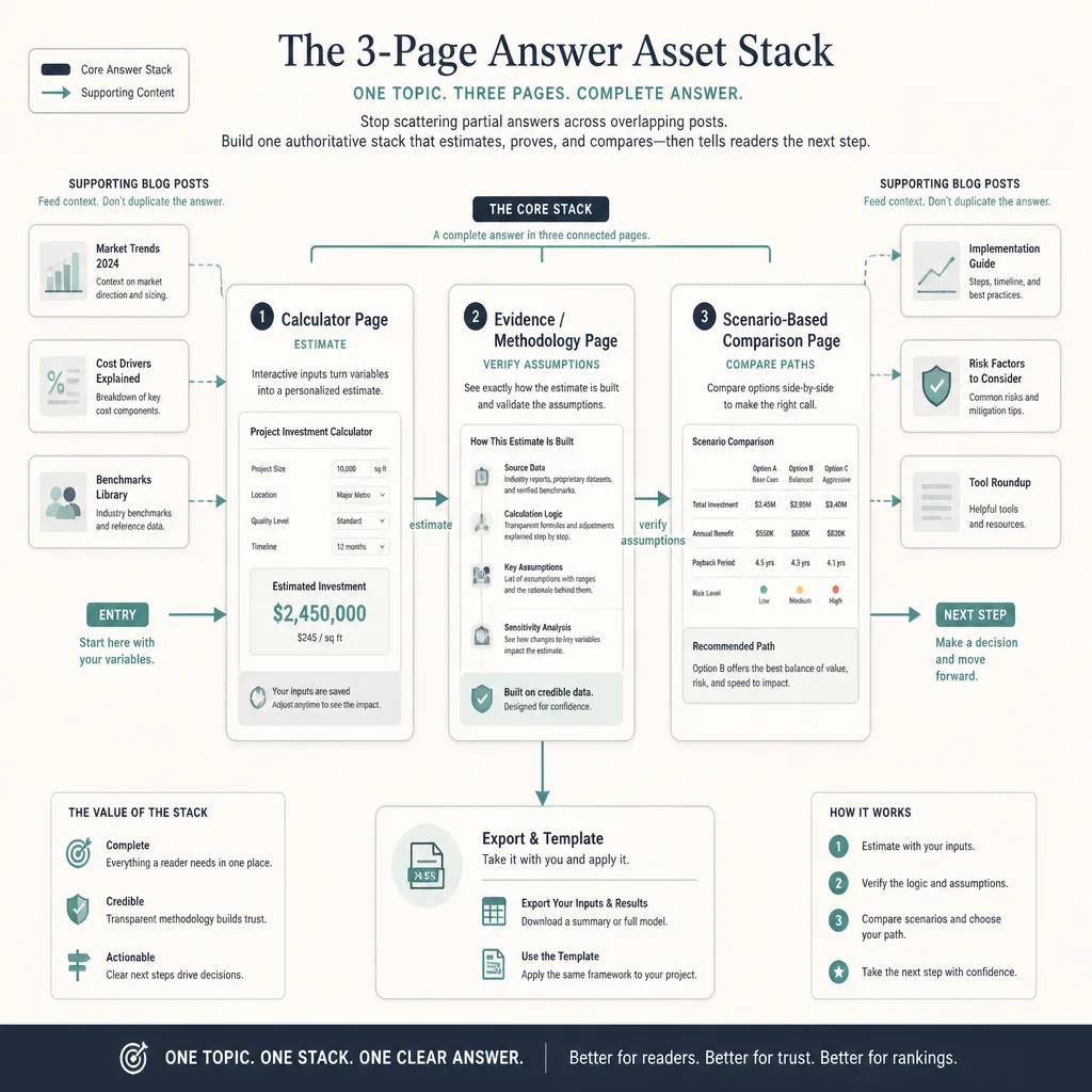Three-page architecture diagram linking a calculator page to a methodology page and a scenario-based comparison page, with supporting articles feeding into the stack.