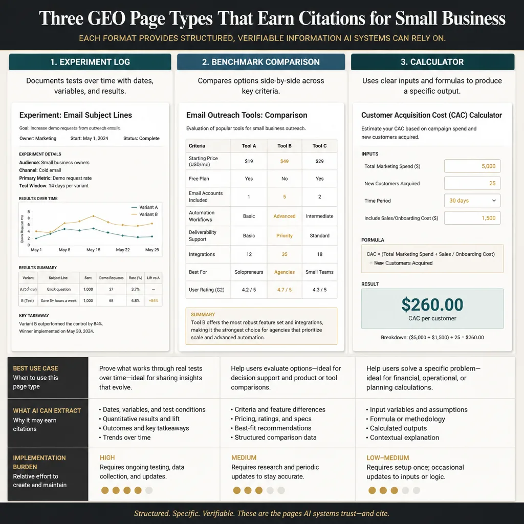 Comparison layout showing the three page types for GEO—experiment log, benchmark comparison, and calculator—with example content blocks and their distinct citation value.