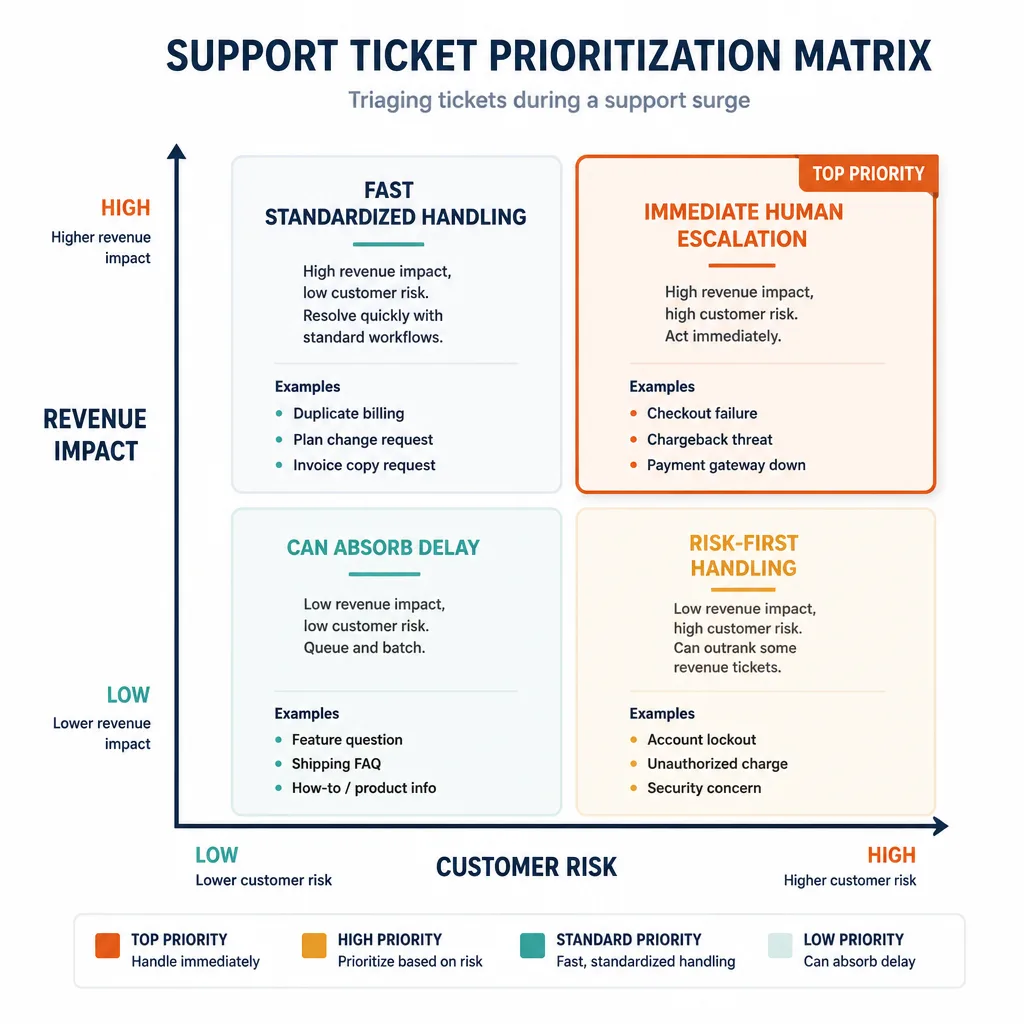 Two-by-two ticket prioritization matrix with revenue impact on one axis and customer risk on the other, showing examples in each quadrant