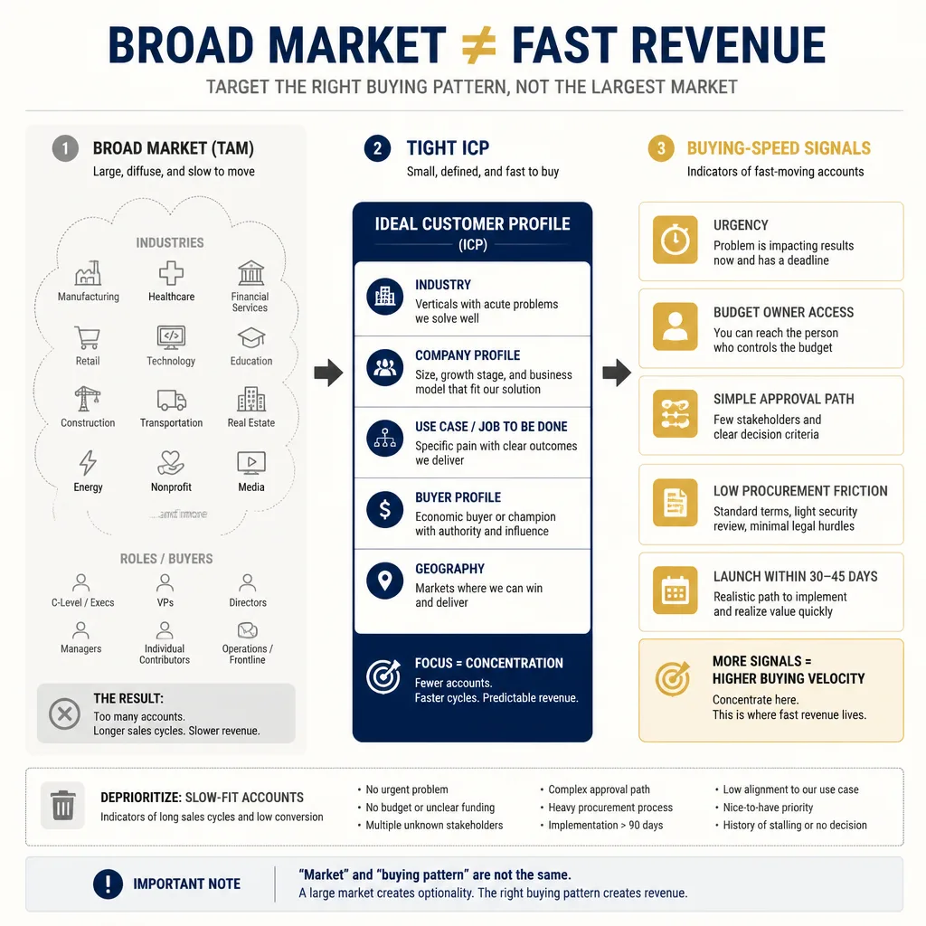 Three-column comparison showing broad market targeting, tight ICP targeting, and buying-speed signals for startup prospects