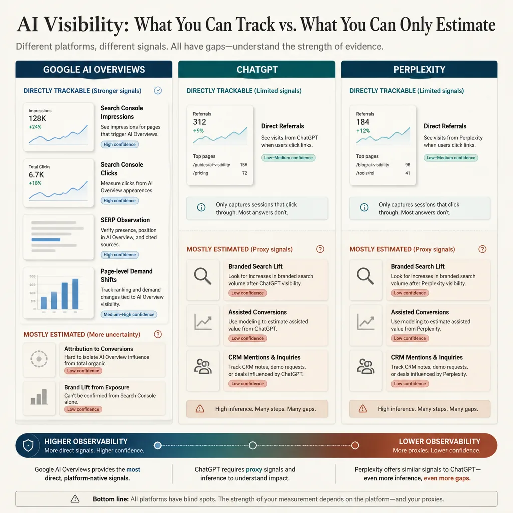 Comparison graphic contrasting what can be tracked directly versus what must be estimated for Google AI Overviews, ChatGPT, and Perplexity.