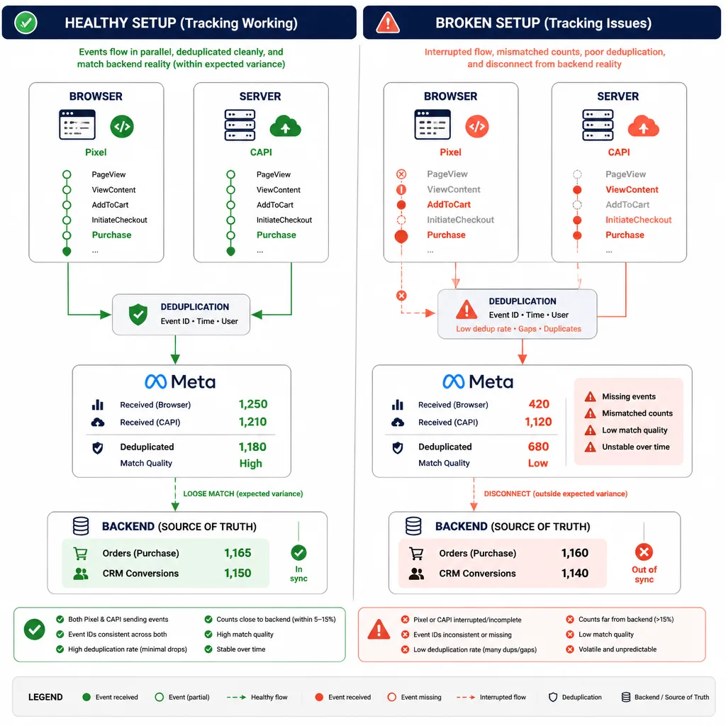 Side-by-side comparison of tracking continuity with Pixel and Conversions API event streams aligned on one side and broken or mismatched on the other, plus backend orders remaining stable