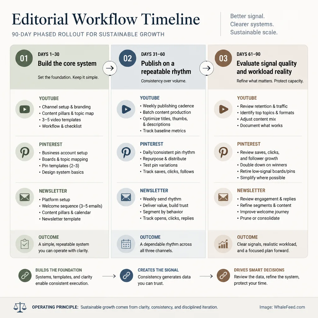 Ninety-day phased workflow showing setup in days 1 to 30, repeatable publishing in days 31 to 60, and evaluation in days 61 to 90 across YouTube, Pinterest, and newsletter.
