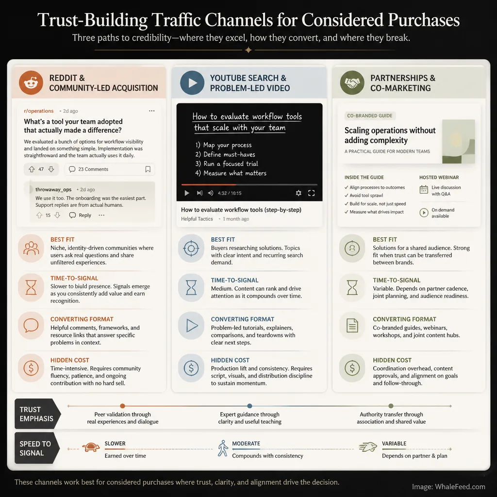 Comparison visual showing Reddit community replies, YouTube demo videos, and partner webinar formats mapped against trust-building and time-to-signal