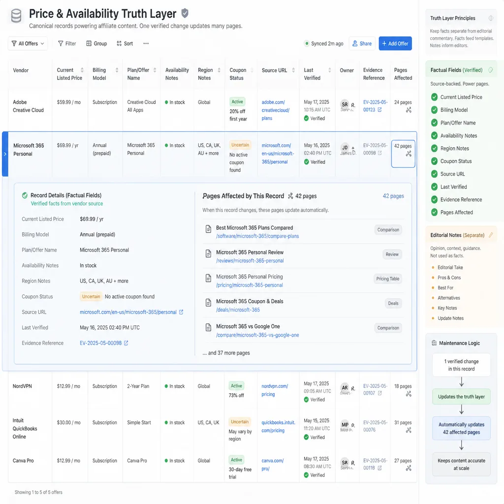 Structured truth-layer table for affiliate offers showing fields such as current price, billing model, plan names, region notes, coupon status, source URL, last verified date, and affected pages.
