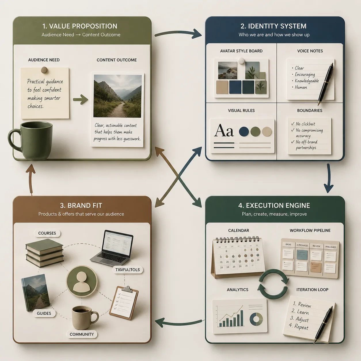 Diagram of the VIBE framework with four connected modules: value proposition, identity system, brand fit, and execution engine.