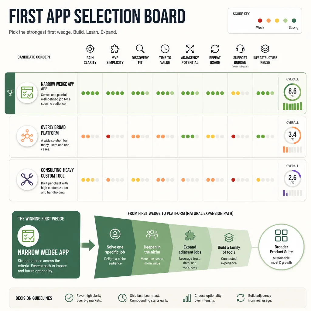 A decision scoring board comparing several first-app ideas, with one narrow wedge app scoring strongly across clarity, discovery, and adjacency while broader platform ideas score weaker.
