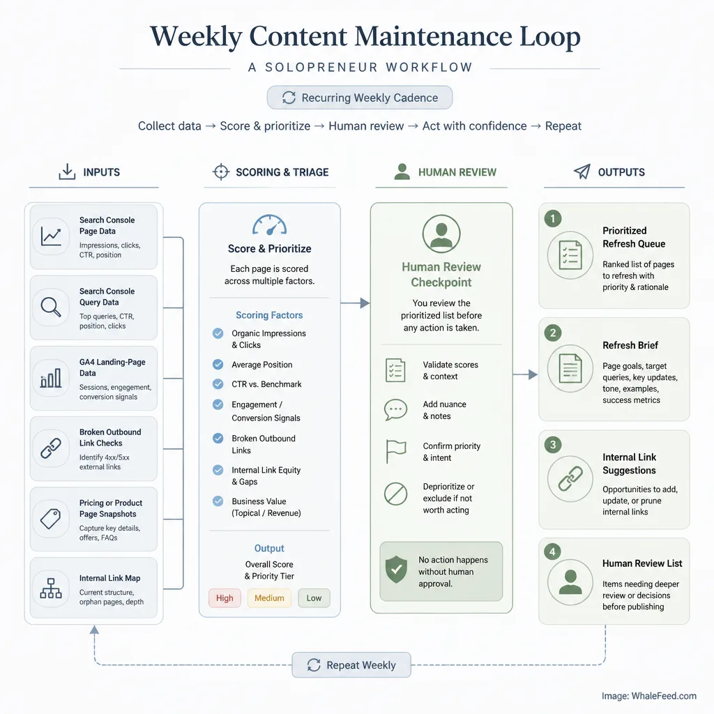 Workflow diagram showing weekly inputs from Search Console, GA4, crawl checks, pricing snapshots, and internal link map flowing into a scoring engine, refresh brief generator, link suggestions, and human review queue.
