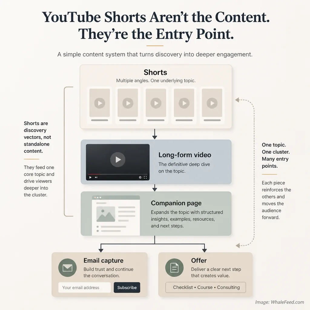 Funnel diagram showing YouTube Shorts leading to long-form videos, then companion pages on a website, then newsletter signup and offer alignment.